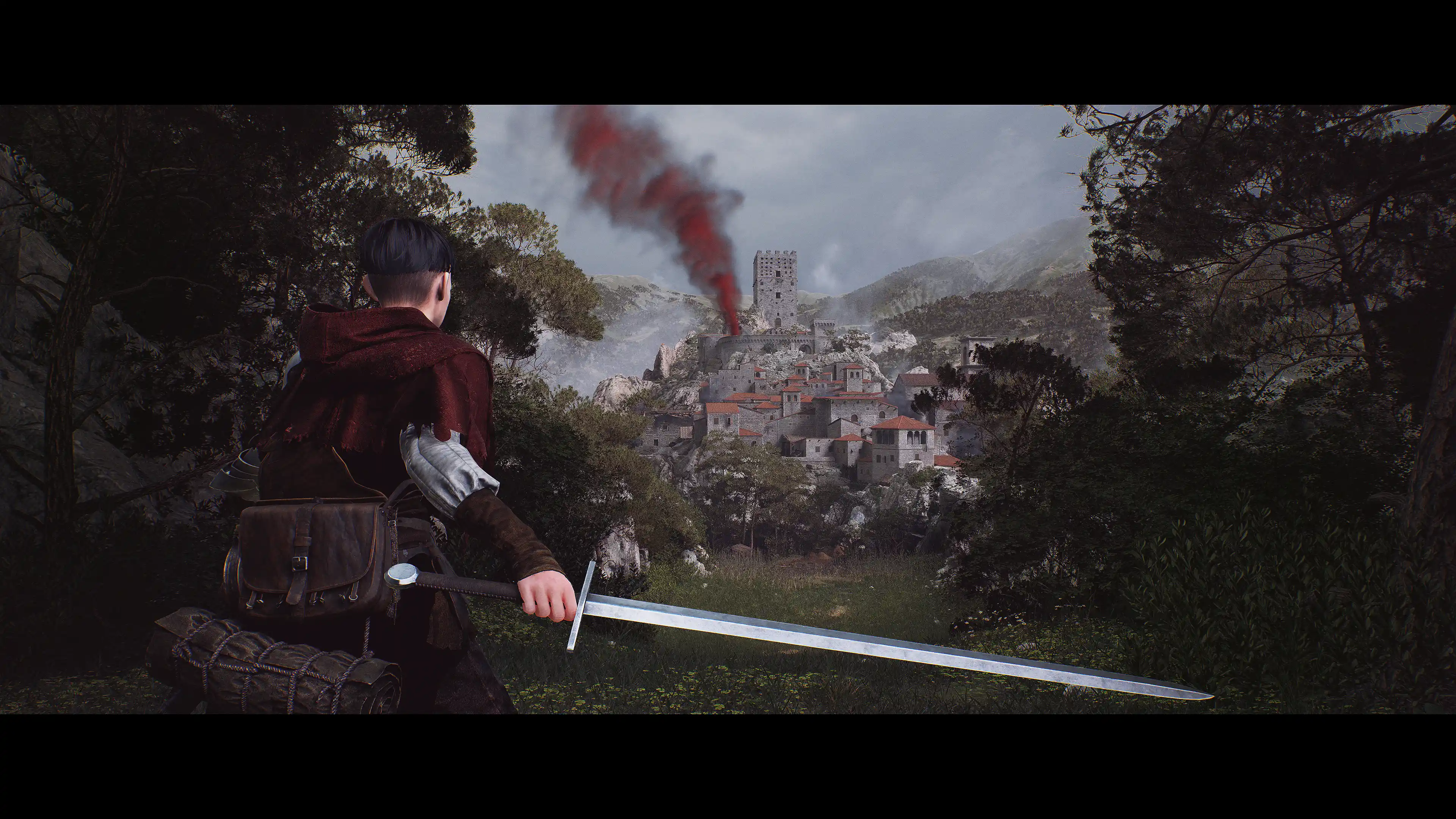 The character, swords in hand, stands facing an italian village burning